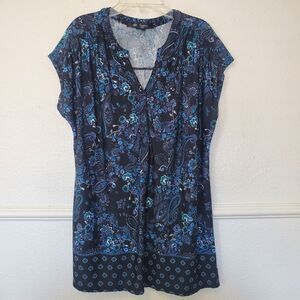 89th and Madison Top Paisley Blouse Blue V Neck Womens Size L Polyester Spandex
